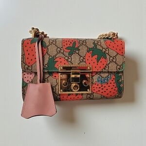 Gucci Strawberry Print Crossbody Bag - Brown and Red